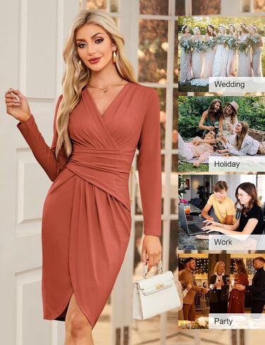 فساتين JASAMBAC النسائية Bodycon 2024 ملابس ملفوفة برقبة على شكل V للعمل كاجوال لحفلات الكوكتيل والكنيسة فستان مكتب احترافي in Saudi Arabia