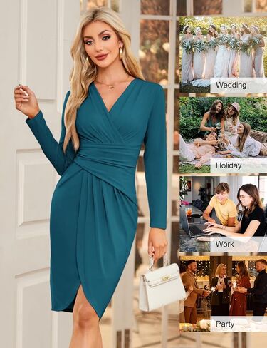 فساتين JASAMBAC النسائية Bodycon 2024 ملابس ملفوفة برقبة على شكل V للعمل كاجوال لحفلات الكوكتيل والكنيسة فستان مكتب احترافي in Kuwait