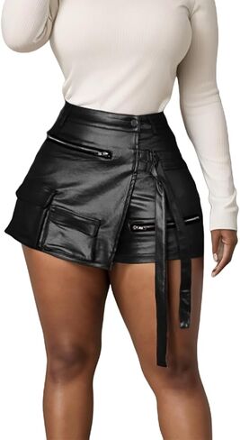 شورت نسائي مثير عالي الخصر مصنوع من الجلد الصناعي ملفوف قصير بالإضافة إلى حجم البضائع in Kuwait