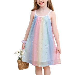 Girl's Summer Dress Casual Spaghetti Strap Rainbow Sundress Size 3-10 Year