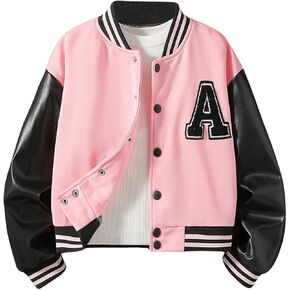 MakeMeChic Girl's Bomber Jacket Letter Patched Striped Trim Long Sleeve Button Down Varsity Jacket Coat