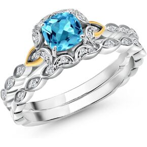 Gem Stone King 925 Sterling Silver and 10K Yellow Gold 5MM Cushion Cut Gemstone Birthstone and White Lab Grown Diamond Bridal Ring Set for Women | Available in Size 5,6,7,8,9