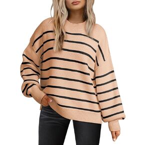 Dokotoo Womens Sweater 2024 Fall Winter Striped Sweaters Casual Seam on Outside Design Trendy Sweater