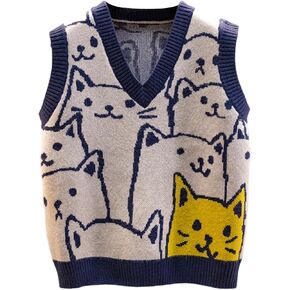 Arssm Womens Cat Print Pullover Sweater Vest V Neck Sleeveless Knit Vests 2024 Pullover Knitted Tank Top