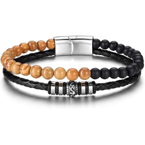 Leather Bracelets for Men Black Agate Wood Grain Stone Mens Beaded Bracelets Double Layered Leather Mens Bracelet Braided Leather Rope and Beaded Stone Bracelet