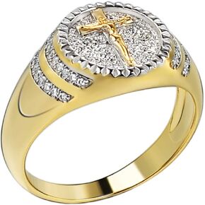 Men's Christian Ring - Two Tone Solid 925 Sterling Silver & 14k Yellow Gold Coin Ring - Plain Jesus On Cross Mens Nugget Ring - Sizes 6-13