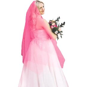 Pink Wedding Veil 2 Tier Tulle Double Layers Bridal Veil Coquette Bachelorette Party Veil with Hair Comb Fancy Costume Hair Accessories for Bride