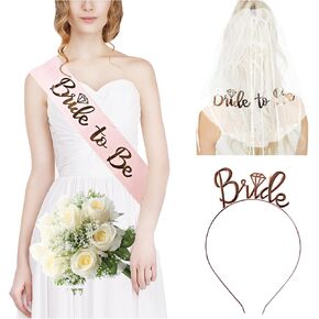 3 Pack Bride to Be Decorations Set, Bride to Be Sash, White Bride Veil, Bride Headband Tiara for Bachelorette Party Bridal Shower Decoration(Rose Gold)