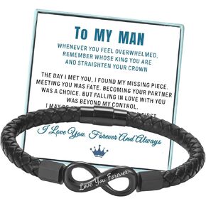 To My Man Straighten Your Crown Bracelet for Husband Boyfriend Mens Braided Leather Bracelets Valentine Birthday Christmas Gifts for Him