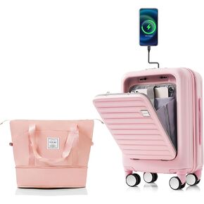 Merax Luggage with Cup Holder and USB Port Suit Case with Cosmetic Carry On Bag and TSA, Baby Green, 2-Piece Set