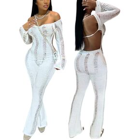 Women's Sexy Off Shoulder Crochet Knit Jumpsuit Hollow Out Long Sleeve Jumper Backless Open Back Bodycon Club Bodysuit