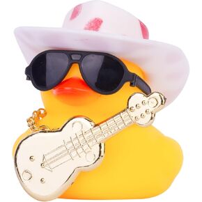 Car Rubber Duck, Yellow Duck Car Dashboard Decorations with Mini Cowboy Hat Musical Instrument Sunglasses Necklace(Sparkling Silver)