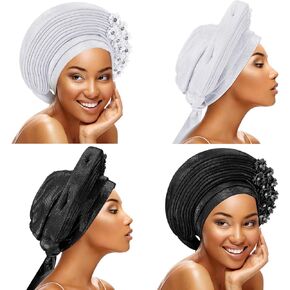 قطعتان من أغطية الرأس الأفريقية من Gele قبعات رأس نيجيرية مع أحجار عمامة للنساء السود لحفلات الزفاف (أسود، أبيض) in Kuwait