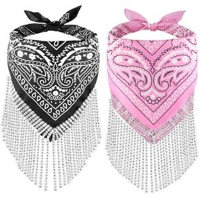 2 Pcs Disco Fringed Bandana Cowgirl Headbands Rhinestone Tassel Headband Bachelorette Headband
