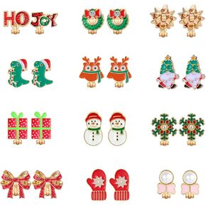 12/16 Pairs Christmas Clip on Earrings for Women Teen Girls Hypoallergenic Snowflake Christmas Tree Bow Bell Snowman Penguin Clip Earrings Xmas Holiday Jewelry Christmas Dangle Clip Earrings Bulk
