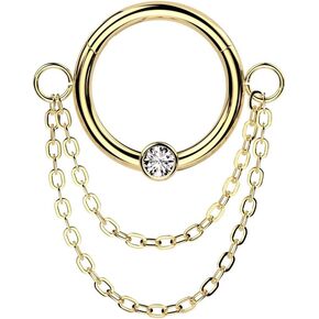 Pierced Owl 16GA 316L Stainless Steel Bezel Set CZ Crystal with Double Dangling Chains Hinged Segment Clicker Ring