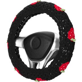 Crochet Steering Wheel Cover Set,Cute Car Steering Wheel Cover Boho 14-15in,Pink Strawberry Granny Square Pattern,Hippie Women Car Accessories (A Wheel Cover)