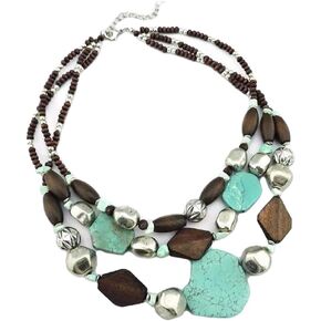 Secret for Longevity Triple Strand Resin Turquoise, Silver, Wood Neutral Earth Tones Big Chunky Western Style Statement Necklace