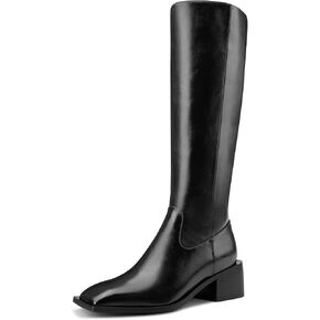 HDEUOLM Womens Chunky Block Mid Heel Square Toe Knee High Boots Slip-on Zipper Casual Cute Boots