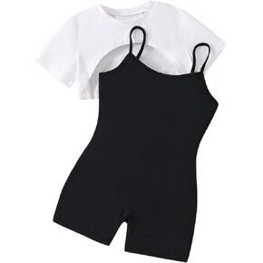 SweatyRocks Girl's 2 Piece Outfits Color Block Short Sleeve Crewneck Crop Top and Sleeveless Romper Set