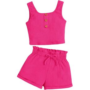 MakeMeChic Girl's 2 Piece Outfits Rib Knit Wide Strap Button Front Tank Top and Shorts Set