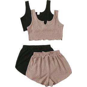 WDIRARA Girl's 4 Pack Notched Neck Sleeveless Lettuce Trim Tank Top and Rib Knit Knot Shorts Set