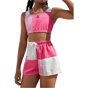 Milumia Girl's 2 Piece Color Block Tank Top and Drawstring Waist Shorts Outfits Sets