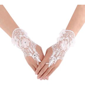 CHIC DIARY Lace Wedding Gloves Women Bridal Fingerless Gloves with Rhinestone White Tulle Gloves for Party Halloween(White)