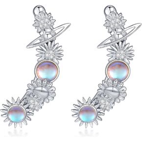 PELOVNY Daisy Filigree Earrings S925 Sterling Silver Moonstone Planet Ear Climber Crawler Cuff Wraps Earrings Jewelry Gifts for Women Hypoallergenic