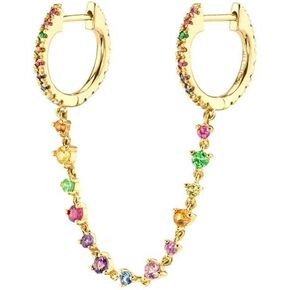 Dainty Rainbow CZ Double Piercings Two Holes Small Hoop Cuff Cartilage Hypoallergenic Earrings for Women 925 Sterling Silver Post Colourful Cubic Zirconia Chain Threader Dangle Drop 14k Gold Plated Climber Crawler Wrap Dainty Huggie Hoops Fashion Jewelry 