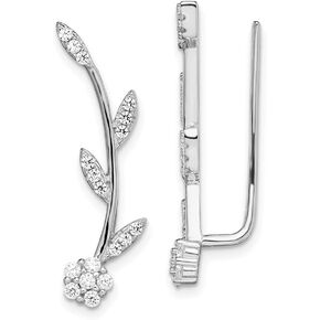 Solid Real 925 Sterling Silver CZ Cubic Zirconia Flower Stem Ear Climber Earrings - 27mm x 6mm