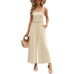 Tanou 2024 Women's One Piece Casual Smocked Jumpsuits Shirred Ruffle Strap Wide Leg Romper with Pockets