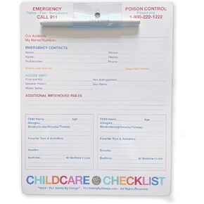 TLC Safety By Design Childcare Babysitter Checklist Magnetic Dry Erase with Marker Emergency Info List for Refrigerator - 8.5" x 11" for Family Fridge