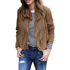 Women's Faux Suede Tassel Cropped Jacket Casual Long Sleeve Open Front Fringe Motorcycle Biker Jacket Coat Tops