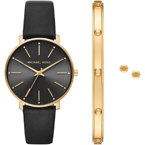 Michael Kors Pyper Three-Hand Black Leather Women's Watch and Jewelry Gift Set (Model: MK1077SET)