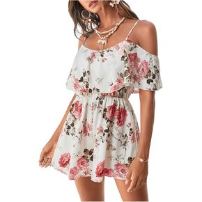 Verdusa Women's V Neck High Waist Cami Jumpsuit Floral Print Cold Shoulder Boho Romper