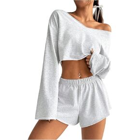 MakeMeChic Women's Two Piece Outfit Long Sleeve Crop Top Wide Leg Shorts Set Loungewear Tracksuit