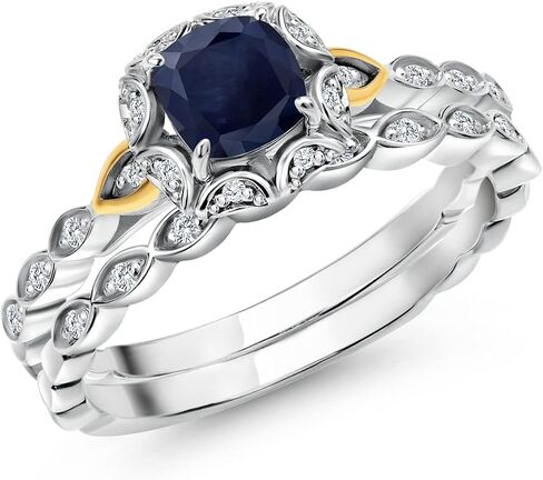 Gem Stone King 925 Sterling Silver and 10K Yellow Gold 5MM Cushion Cut Gemstone Birthstone and White Lab Grown Diamond Bridal Ring Set for Women | Available in Size 5,6,7,8,9 in Saudi Arabia