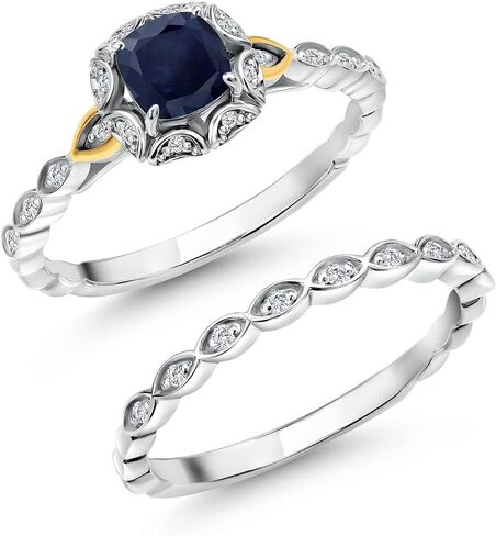 Gem Stone King 925 Sterling Silver and 10K Yellow Gold 5MM Cushion Cut Gemstone Birthstone and White Lab Grown Diamond Bridal Ring Set for Women | Available in Size 5,6,7,8,9 in Saudi Arabia