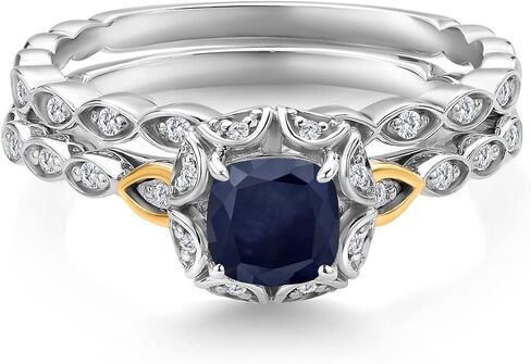 Gem Stone King 925 Sterling Silver and 10K Yellow Gold 5MM Cushion Cut Gemstone Birthstone and White Lab Grown Diamond Bridal Ring Set for Women | Available in Size 5,6,7,8,9 in Saudi Arabia