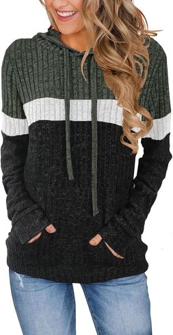 MixShe Women’s Color Block Knit Hoodie – Casual Long Sleeve Pullover Sweater Tops with Pocket in Saudi Arabia