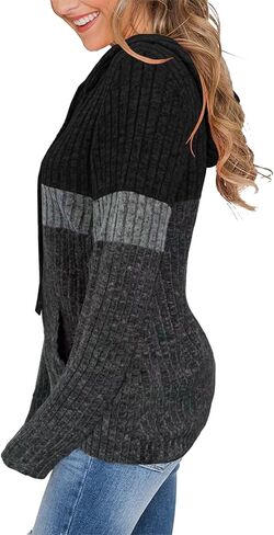 MixShe Women’s Color Block Knit Hoodie – Casual Long Sleeve Pullover Sweater Tops with Pocket in Kuwait