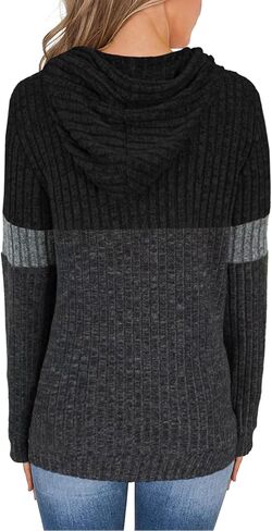 MixShe Women’s Color Block Knit Hoodie – Casual Long Sleeve Pullover Sweater Tops with Pocket in Kuwait