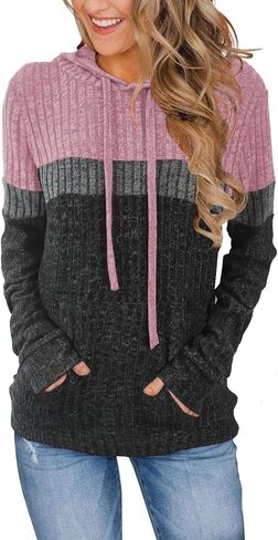 MixShe Women’s Color Block Knit Hoodie – Casual Long Sleeve Pullover Sweater Tops with Pocket in Saudi Arabia