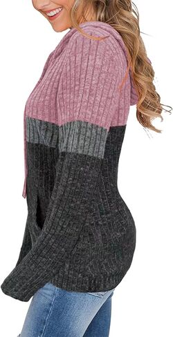 MixShe Women’s Color Block Knit Hoodie – Casual Long Sleeve Pullover Sweater Tops with Pocket in Saudi Arabia