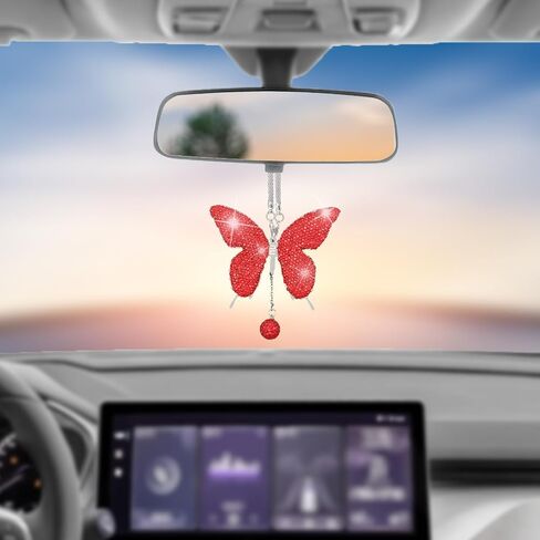 Bling Butterfly Diamond Car Hanging Accessories, Crystal Car Rear View Mirror Charms, Charms Good Luck Gifts Amulet Ornament Hanging Interio Car Decoration for Women Interior(White) in Saudi Arabia