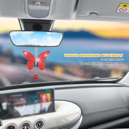 Bling Butterfly Diamond Car Hanging Accessories, Crystal Car Rear View Mirror Charms, Charms Good Luck Gifts Amulet Ornament Hanging Interio Car Decoration for Women Interior(White) in Saudi Arabia
