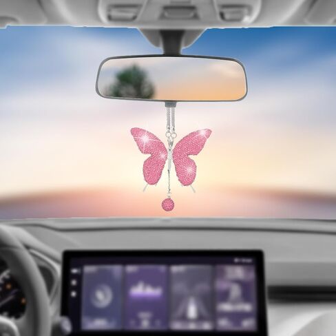 Bling Butterfly Diamond Car Hanging Accessories, Crystal Car Rear View Mirror Charms, Charms Good Luck Gifts Amulet Ornament Hanging Interio Car Decoration for Women Interior(White) in Saudi Arabia