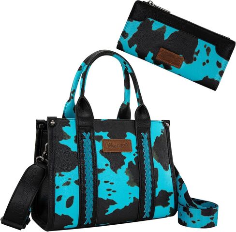 Montana West Wrangler Cow Print Tote Handbag and Bifold Credit Card Wallet Set in Saudi Arabia