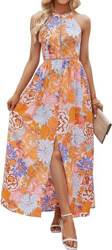 ZESICA Women's 2024 Summer Halter Neck Floral Print Backless Split Beach Party Maxi Dress in Saudi Arabia